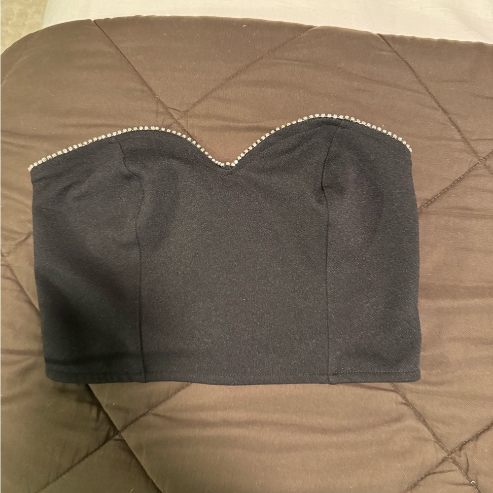 Black Strapless Top with Pearl Detailing